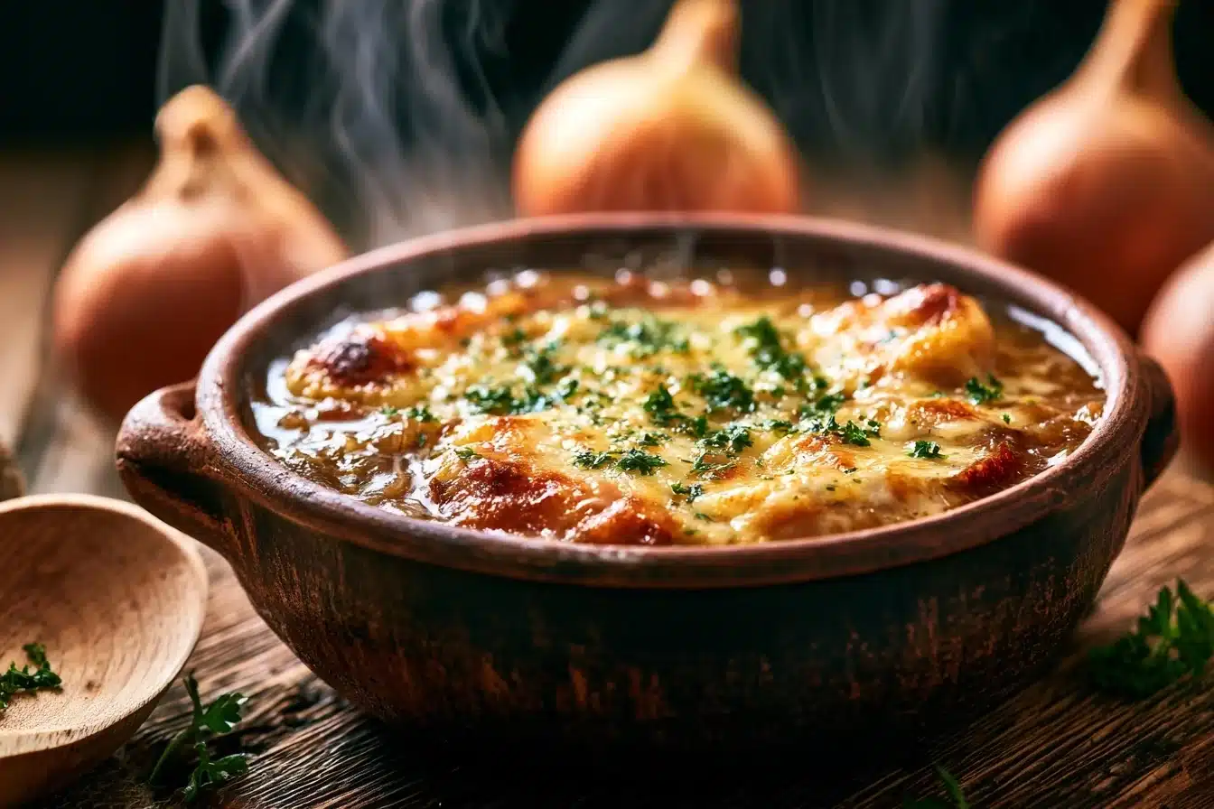 Classic French Onion Soup 2026 3 Slices of baguette with melted Gruyère cheese for Classic French Onion Soup 2026