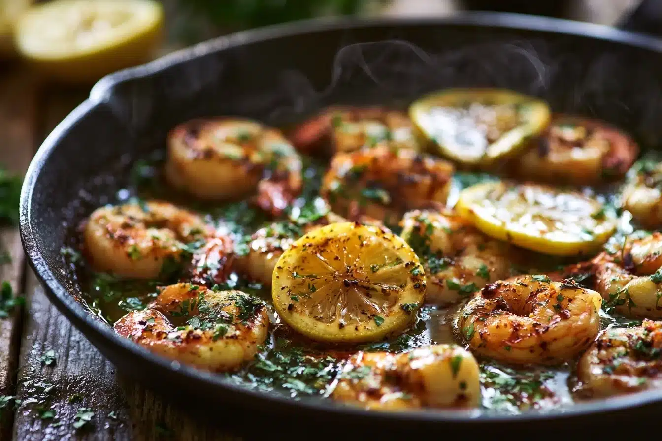 Insanely Good One-Pan Lemon Garlic Butter Shrimp 3 Close-up of perfectly seared shrimp in a skillet with melted butter