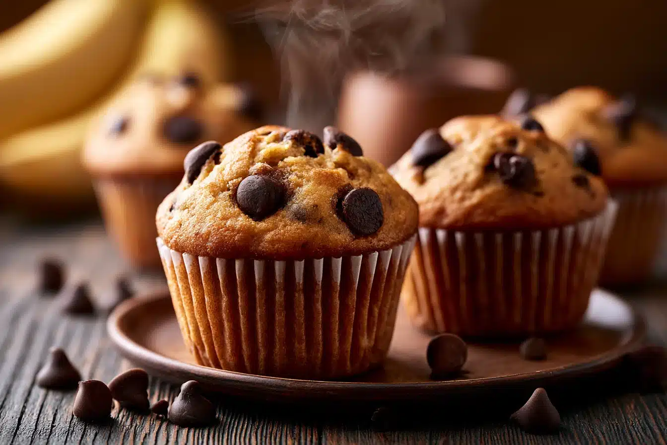 Chocolate Chip Banana Bread Muffins 2 Freshly baked Chocolate Chip Banana Bread Muffins on a wooden tray