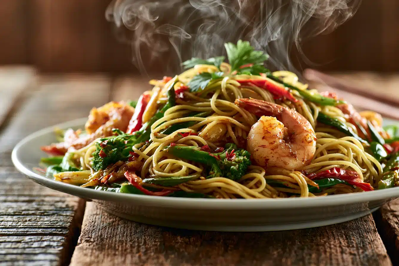 Spicy Garlic Noodles with Shrimp and Vegetables 2 Spicy Garlic Noodles with Shrimp and Vegetables