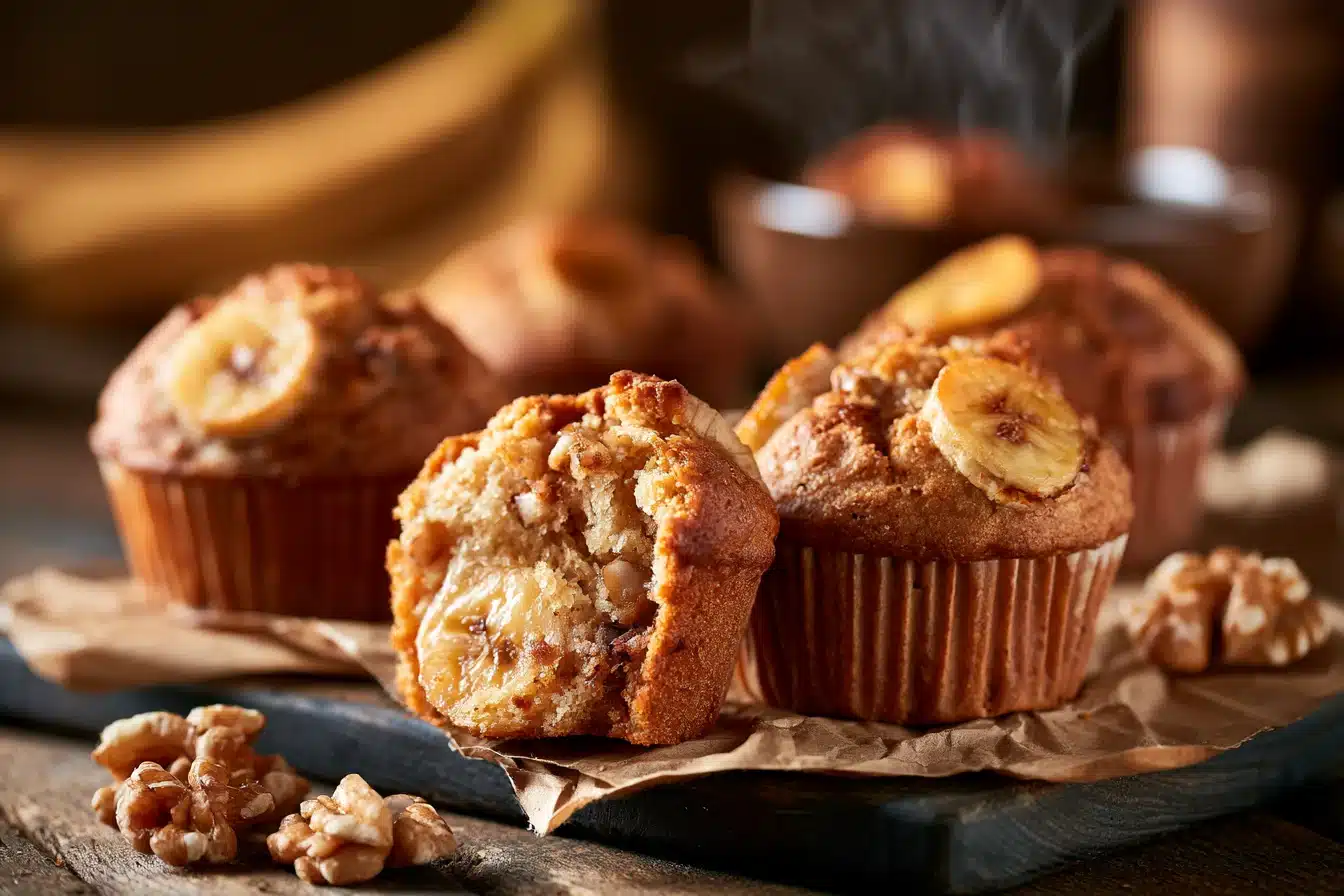 Banana Muffins 2 Freshly baked banana muffins with golden tops on a wire rack