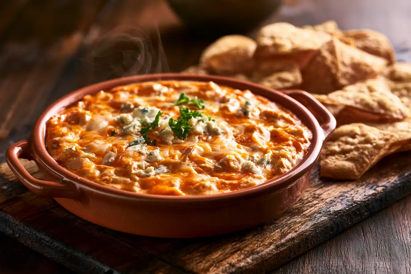 buffalo chicken dip 2 Creamy buffalo chicken dip with tortilla chips and celery sticks