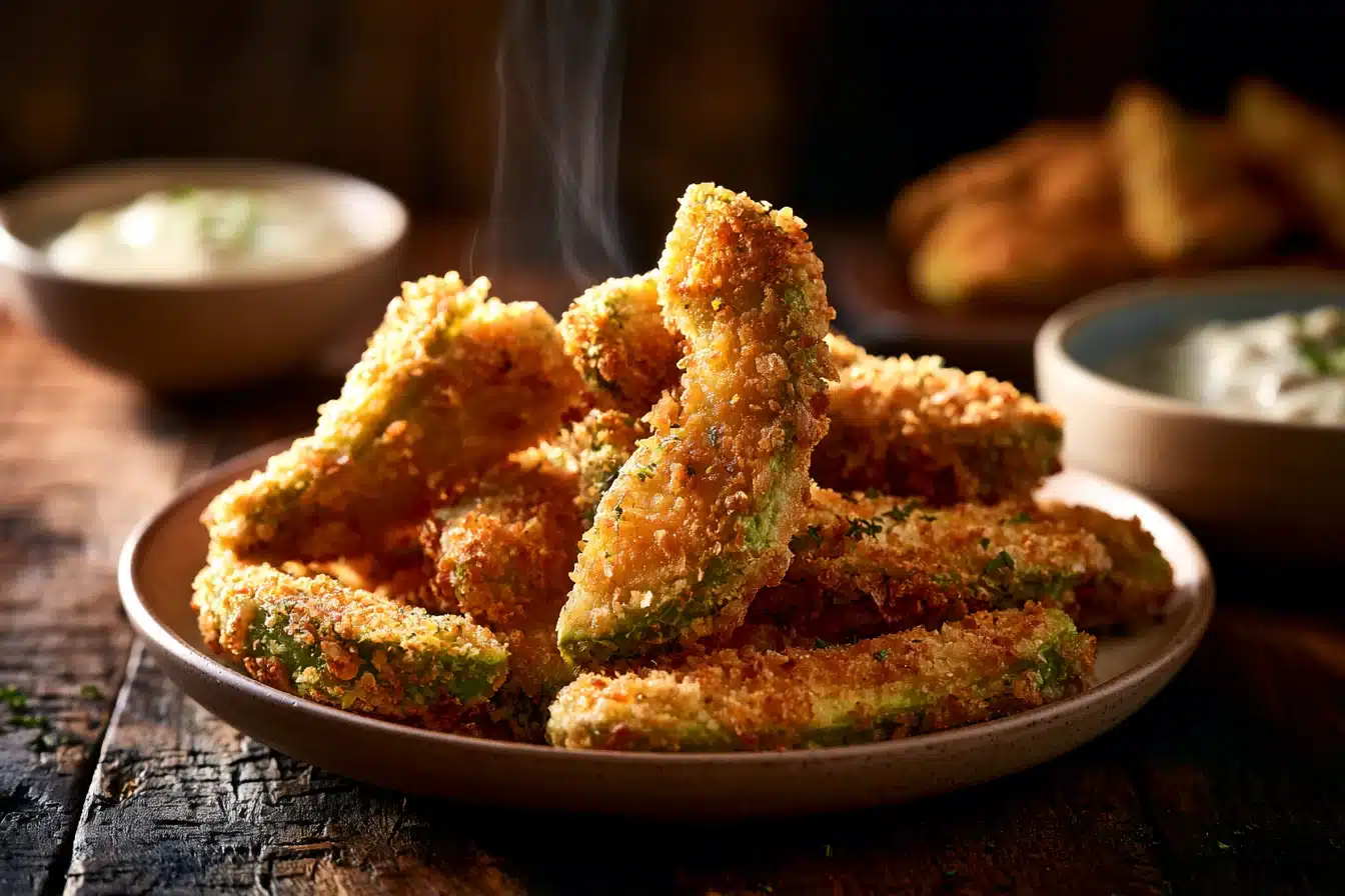 Crispy Baked Avocado Fries 2 Crispy Baked Avocado Fries served with dipping sauce